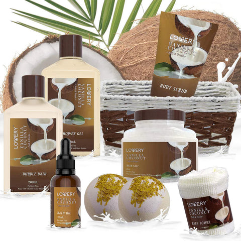 Vanilla Coconut Luxury Bath Gift Set - 9Pc Home Spa Basket